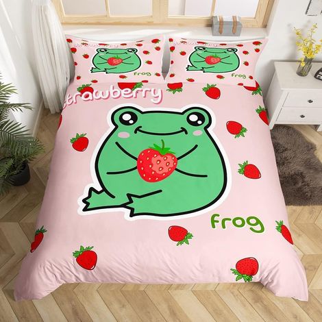 Les Filles Fraise Frog Parure de Lit 140x200cm Tropical Amphibian Housse de Couette Kawaii Sets de Housse de Couette Respirant Animaux Rose Lattice Grid Parure Housse de Couette - 140 x 200 cm (1/5)