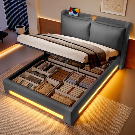 Doppelbett für Erwachsene 140×200cm gepolstert,mit LED- und USB-Beleuchtung,dickem Kopfteil,Lattenrost,hydraulischer Bettlift,Stauraum unter dem Bett,grauer Samtbezug