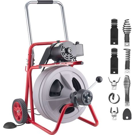 Déboucheur Canalisation Électrique 22 m x 13 mm Furet Électrique Alimentation Auto Machine Débouchage sur Roues pour Canalisations Tuyaux 50-150 mm, avec 8 Têtes de Coupe, Interrupteur au Pied (1/5)