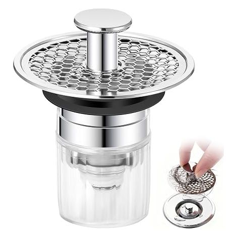Tapón de lavabo de baño, 32-42 mm, tapón universal emergente, para cocina y baño, con filtro antiobstrucción y antiolor. (1/5)