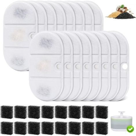 Filtri per fontana d'acqua per gatti, set da 16 filtri e 16 spugne in resina e carbone attivo, compatibili con fontana d'acqua per gatti da 2,1 l PLWF002 (1/5)