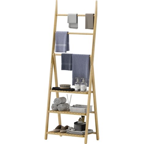 Étagère salle de bain en bambou pliable 3 niveaux étagère à échelle porte-serviettes 53,5x30x153cm effet bois naturel