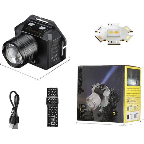 Lampe frontale LED rechargeable, batterie 2400 mAh avec zoom rotatif et détecteur de mouvement, modes d'éclairage blanc/jaune/bleu pour camping, randonnée, course à pied, argent + blanc (B)