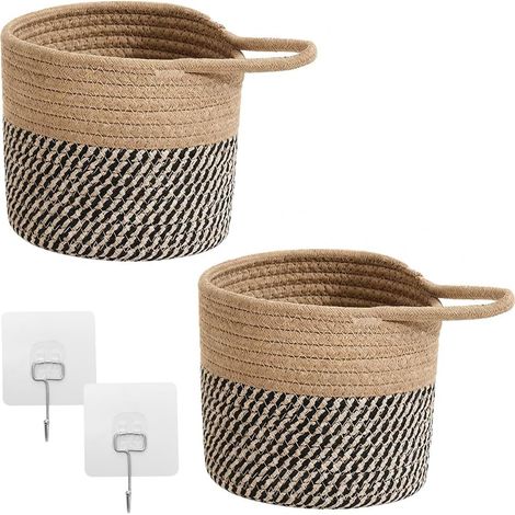 Lot de 2 paniers suspendus muraux en corde de coton tressée - 15 x 16 cm - Avec 2 crochets - Panier mural suspendu cache-pot, panier de rangement tressé - Pour cuisine, salon, salle de bain (marron (1/5)