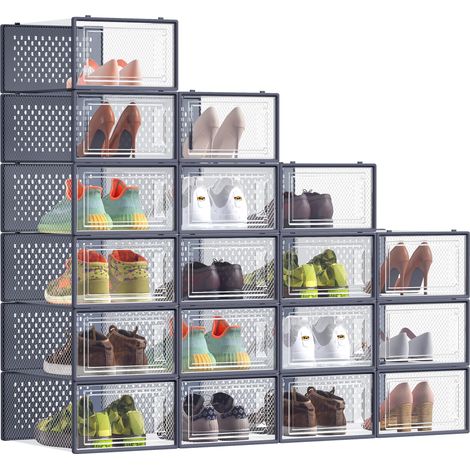 Boîtes à Chaussures, Rangement Chaussures en Plastique, Pliables et Empilables, pour Pointure Jusqu’à 43, Lot de 18, Transparent et Bleu Charbon (1/5)