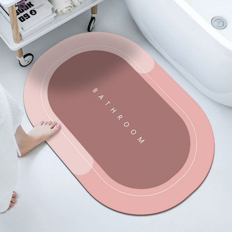tapis absorbant pour salle de bain - tapis de bain ovale bleu - 40 x 60 cm - boue de diatomées, rose (1/5)