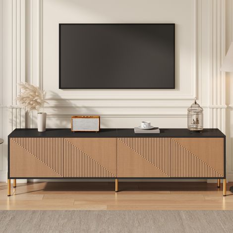 Mueble TV 179x35x53.5 cm negro y natural en tablero de partículas con 4 puertas y patas metálicas doradas (1/5)