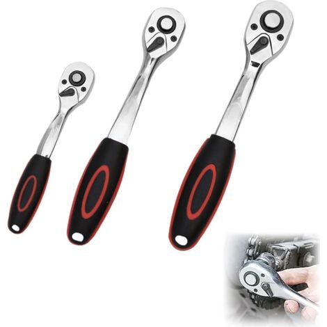 3 piezas Clé à cliquet professionnelle,Clé télescopique1/4、1/2、3/8,Clé Cliquet Dégagement Rapide, réversible 24 dents Cle a ,Herramientas especiales para mantenimiento - (1/5)