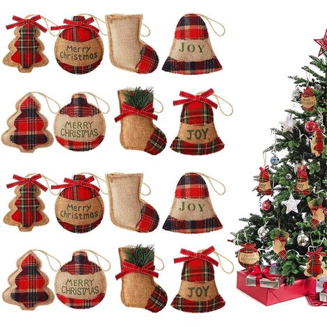 16 Pièces Ornements de Noël en Toile de Jute, 8 Modèles Ornements Suspendus de Noël à Carreaux Rouges Ornements de Cloche Sapin de Noël Boule Stockage pour Noël Fête Décoration (12cm x 12cm) (1/5)