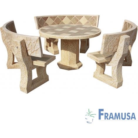 CONJUNTO COMEDOR PIEDRA CIRCULAR JARDIN CIRCUS GRES CON AZULEJOS Y CON RESPALDO OCRE