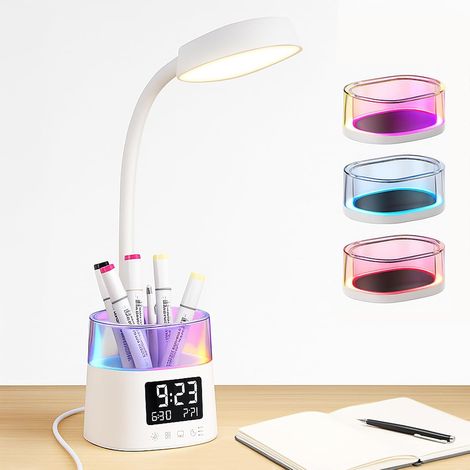LED desk lamp with pen holder, Touch-sensitive bedside table lamps with 3 color modes, Bedside reading light with clock, Stepless dimming desk lamps, Lamp (1/5)