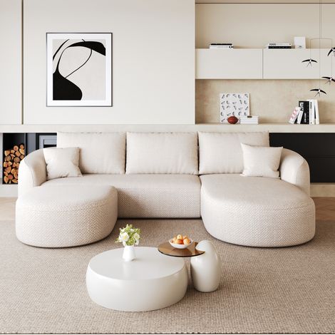 Canapé d’angle en U 266x160x72 cm blanc en tissu effet chenille modulaire sans montage (1/5)