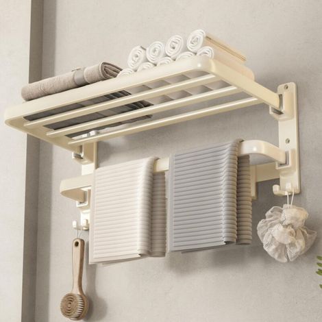 Porte-serviettes de salle de bain, étagère porte-serviettes de 61 cm avec barre porte-serviettes pliable et 7 crochets (blanc crème) (1/4)