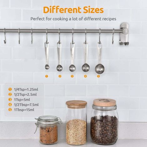 Cuillères doseuses en acier inoxydable 18/8, chaque ensemble comprend 6 cuillères doseuses de cuisine : 1/8 c. à thé, 1/4 c. à thé, 1/2 c. à thé, 1 c. à thé, 1/2 c. à thé et 1 c. à soupe (1/3)