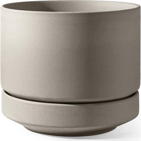 Keramik Blumentopf 35 cm mit Untersetzer, groß, atmungsaktiv, neutral grau (1/5)