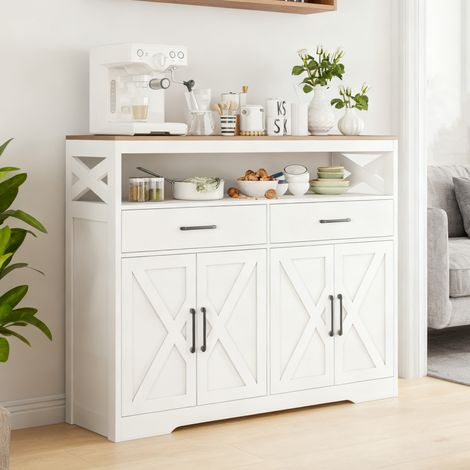 Buffet bahut, avec portes et 2 tiroirs, Buffet moderne, pour la salle à manger, salon, cuisine, 140 x 40 x 105cm, Blanc (1/5)