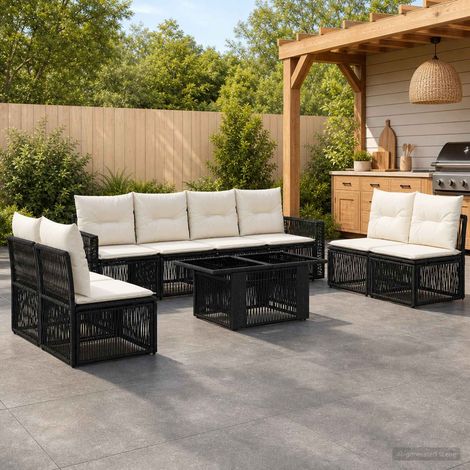 vidaXL Set Divano da Giardino 9 pz Nero e Bianco Crema polyrattan (1/5)