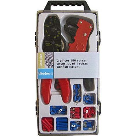 Coffret de 2 pinces à sertir et dénuder + assortiment de cosses à sertir et ruban adhésif- Tibelec (1/3)