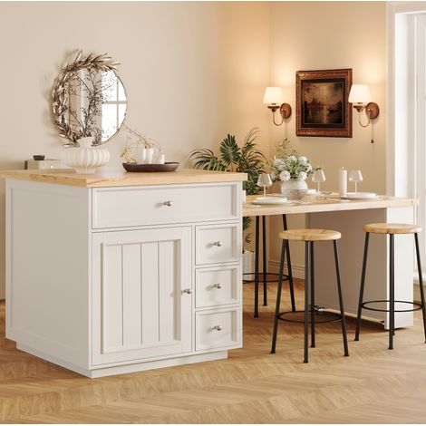 Isla de cocina 120-184x70x94 cm blanca en MDF con tablero extensible, cajones y ruedas con freno (1/5)
