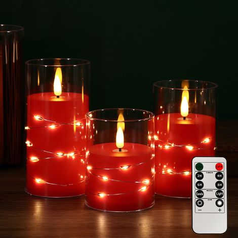 Lot de 3 10cm, 12.5cm, 15cm .Bougie LED rouge, bougie à batterie avec fonction de minuterie de télécommande, avec chaîne lumineuse de ciel étoilé (1/5)