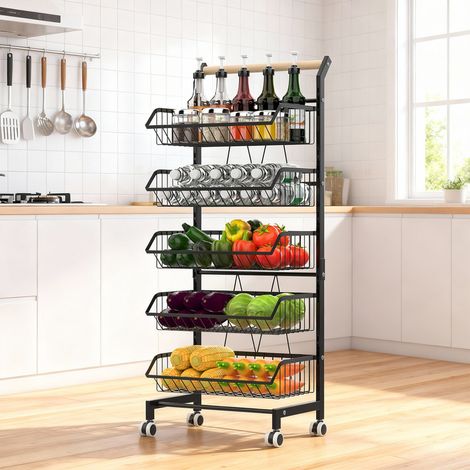 FIANAO - Étagère de Cuisine - Chariot de rangement - Étagère à cinq niveaux - Idéale pour ranger fruits, légumes, condiments, en-cas, etc. - Structure en acier au carbone - Roues verrouillables - Noir (1/5)
