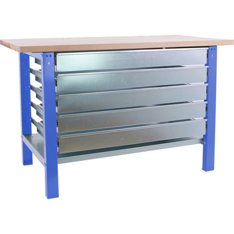 Simonrack Profi-Werkbank blau, Arbeitsplatte aus laminierter Buche