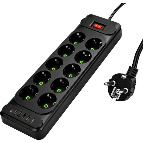 Multiprise 10 Prises avec USB4+Type-C2, Multiprise 4000w, Rallonge électrique 2m avec Interrupteur, Prise Multiple Murale pour Bureau Maison - Noir (1/5)