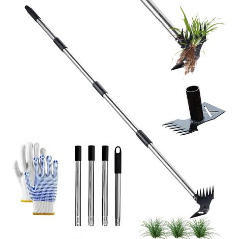 Extracteur de mauvaises herbes avec long manche de 150 cm, râteau manuel 2 en 1 et binette de jardin, outil de désherbage robuste pour jardin, pelouse, cour, terrasse – Désherbeur debout, poteau (1/5)