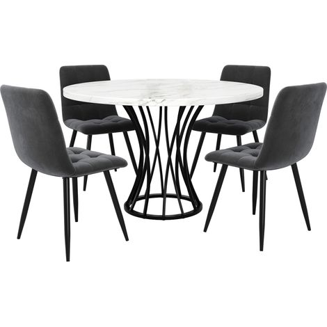 Ensemble table à manger 5 pièces, avec 4 chaises, table de cuisine moderne ronde de 80 cm de diamètre, pieds noirs, plateau effet marbre blanc, chaises de salle à manger en velours gris (1/5)