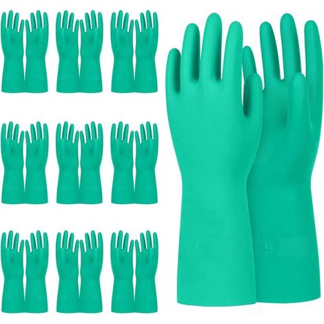 10 pares de guantes resistentes a productos químicos, Guantes de trabajo de goma reutilizables de alta resistencia, Guantes nitrilo 32 cm largo (1/5)