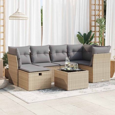 7-tlg. Garten-Sofagarnitur mit Kissen Beige Poly Rattan (1/5)