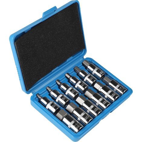Jeu de 12 Douilles Allen 1/2", Douilles Allen 5, 6, 7, 8, 10, 12, 14, 16, 17, 18, 19, 22 mm, 6 Pans Creux, Six Pans Extérieurs 1/2" avec Mallette en Plastique, Bleu (1/5)