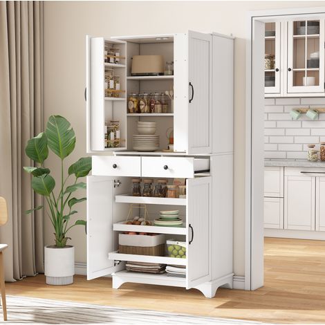 MEUBLIV Buffet haut blanc 77x40x181 cm – étagères réglables et 2 tiroirs (1/5)