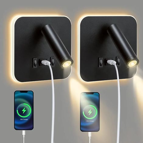 2PCS LED Lampara De Chevet Murale USB Port De Charge Applique Tete De Lit 325 degrés Rotation Lampe De jardin terrasse extérieur (1/5)