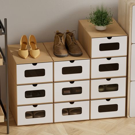 Wolketon Scatola per scarpe - Set di 20 - Carta kraft - con cassetto - Impilabile - 35 cm x 23 cm x 13 cm Scaffale di stoccaggio marrone