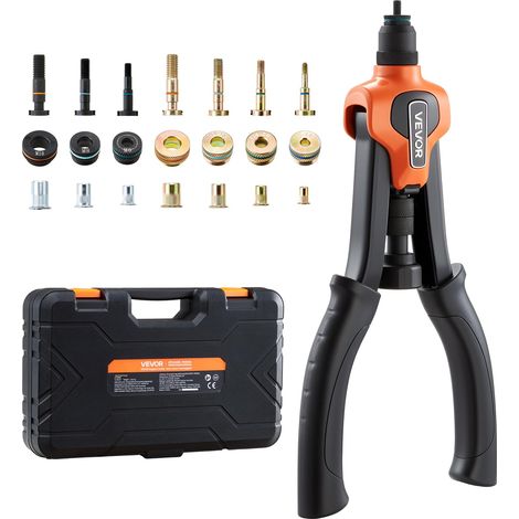Riveteuse Manuelle 34 cm, Kit d'Outils à Riveter Complet, pour Bricoleur Installation et Réparation Maison, Pince à Écrous à Sertir avec 7 Mandrins Métriques et SAE, 70 Écrous, avec Mallette (1/5)