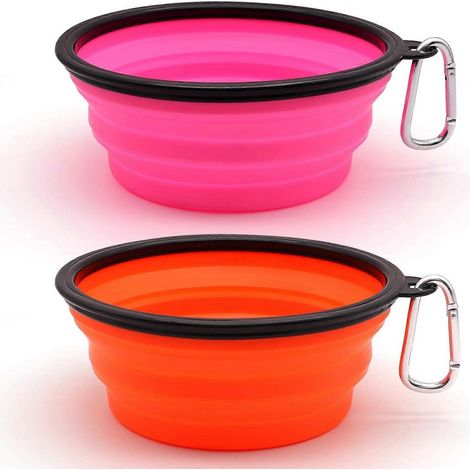 Gamelles pliables chiens/chats, lot de 2 gamelles portables animaux compagnie, 2 mousquetons grand format orange/rose, promenades voyages (1/5)
