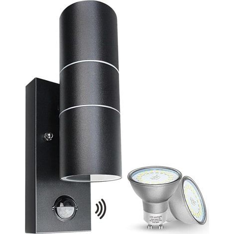 Outdoor wall light with PIR motion detector, IP44 LED, in black, with 2 GU10 5W bulbs, warm white/3000k (1/5)