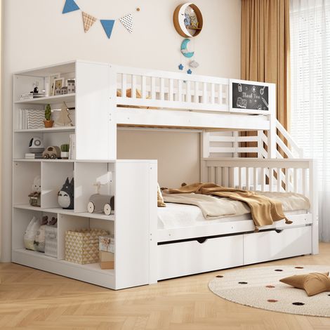 DESVIAE Lit superposé enfant cabane avec tableau escalier rangements et tiroirs 90 x 200 cm 140 x 200 cm blanc en pin (1/5)