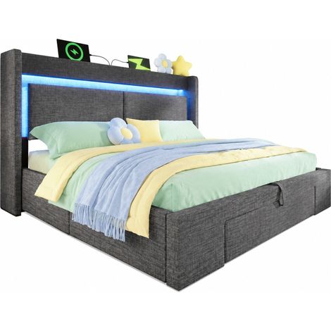 Lit coffre 160x200 cm hydraulique avec tête de lit de rangement, LED, ports USB et USB-C, sommier à lattes, gris, tissu, sans matelas  CHICFURN (1/5)