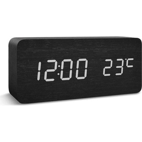 Reloj despertador digital con dígitos LED claros e indicador de temperatura, color negro. (1/5)