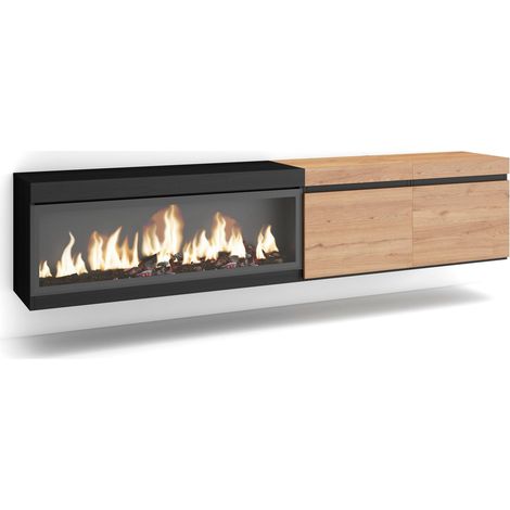 Skraut Home – Meuble TV suspendu mural avec cheminée électrique LED – Grand espace de rangement – Chêne et noir – Pour TV jusqu'à 80 pouces (1/5)