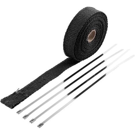 Nastro isolante in lega di titanio, 5 m x 2,5 cm, per tubo di scarico, collettore di scarico, acciaio inox nero, con 4 elementi di fissaggio, nero (1/5)