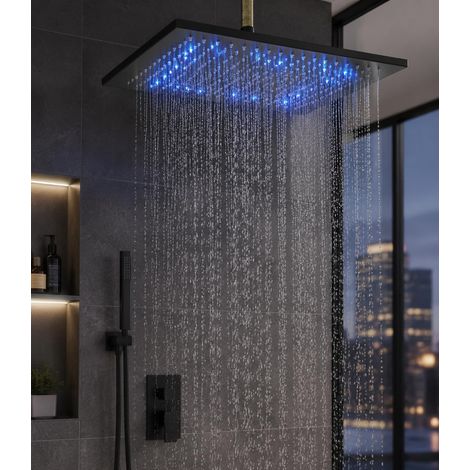 Pomme de Douche à Pluie Noire Carré Pomme de Douche en Acier Inoxydable 40x40cm Douche Economie d'Eau Universelle douche fixe carrée avec LED Facile à Installer et à Nettoyer (1/5)