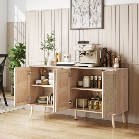 Buffet salon meuble de rangement placards à portes en cannage et étagère réglable 140 x 40 x 75 cm effet bois naturel (1/5)