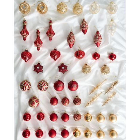 Set of 50 Christmas Baubles Red and Gold Glass Hanging Decor Traditional Style Christmas Balls Holiday Tree SPARKLE