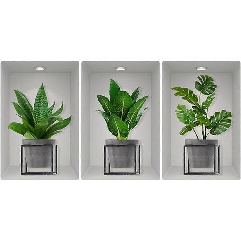 Lot de 3 stickers muraux représentant des plantes en pot pour chambre à coucher - Décoration murale (1/5)