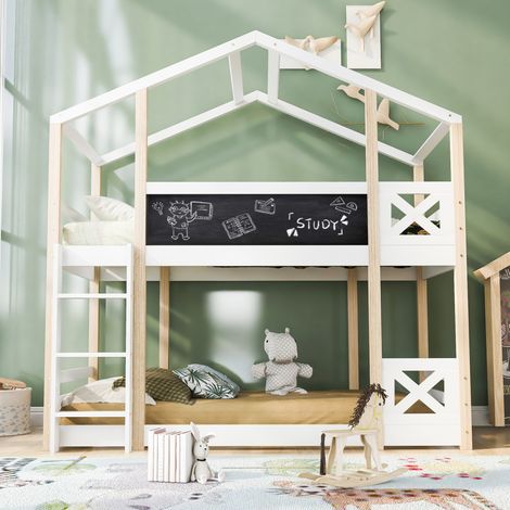 Letto a casetta a castello bambini 90x200 cm con scala e lavagna, senza materasso, bianco (1/5)