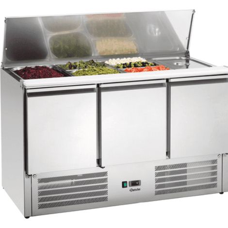 Saladette ventilée positive 390 Litres 4 x GN 1/1 (P)150 mm, 3 portes GN 1/1, en acier au nickel-chrome, 320 W, 220 V - MONO