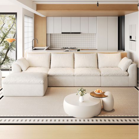 Divano angolare 5 posti 310x155x85 cm in tessuto lino bianco beige - MEUBLIV (1/5)
